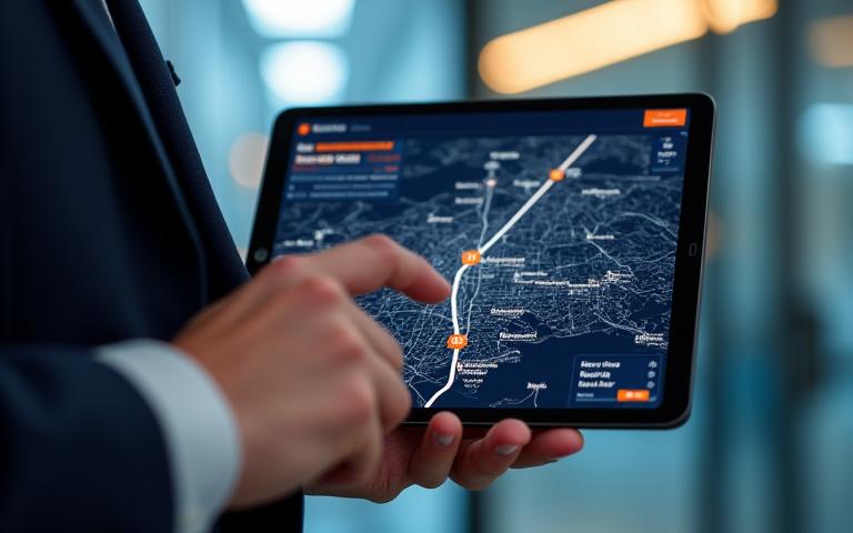 Dispositivo con una aplicación de optimización de rutas mostrando vehículos en movimiento a través de una compleja red de carreteras.