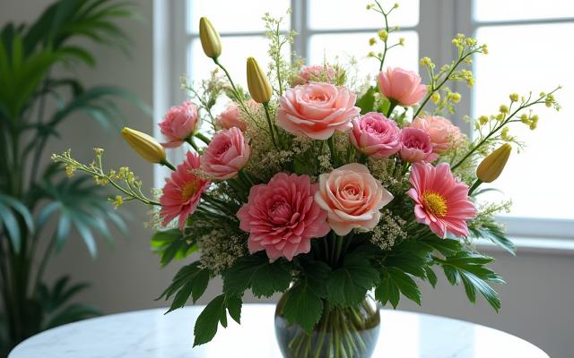 Arreglos florales personalizados de Axial Bloom, combinando rosas, lirios y follaje exótico.